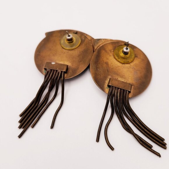 Vintage Painted Mixed Metal Tooled Brass MOP Modernist Modern Drop Earrings - Picture 4 of 5